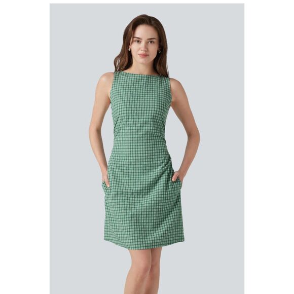 HALARA Dresses & Skirts - Halara Boat Neck Sleeveless Gingham Mini Dress with Pockets — Size Large NWT